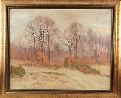 a painting of a dirt road with trees in the background