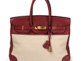 a red and beige leather and canvas birkine bag