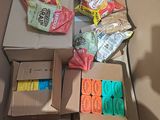 many boxes of food that are sitting on a shelf