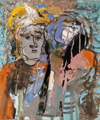 une peinture abstraite représentant deux femmes en orange et bleu