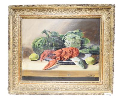 École du XXe siècle. Nature morte aux légumes, homard et poi… - Photo 1
