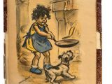 a painting of a little girl cooking with a dog