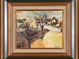 a painting of a landscape with trees and houses in the background