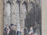a painting of a group of people standing outside of a building