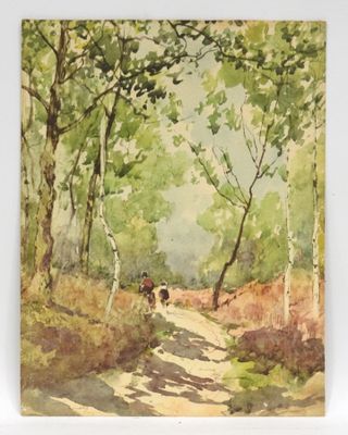 an image of a painting of a person riding a bike down a dirt road
