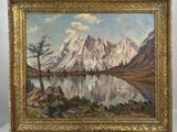 une peinture à l'huile représentant une scène de montagne avec un lac au premier plan