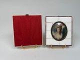 two miniature paintings of a woman in a red dress and a picture of a woman in a white dress