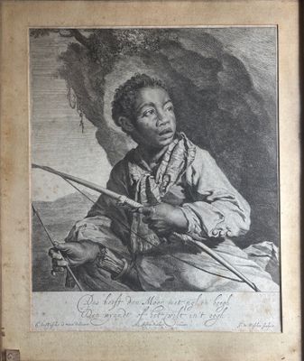 an old black and white drawing of a young boy with a sword