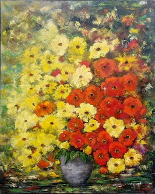an oil painting of a vase of flowers on a table