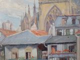 painting of a view of a city with a church in the background