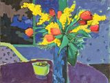 a painting of flowers in a vase on a table