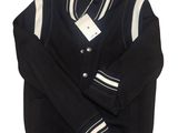 the jacket is black and white with a white stripe on it