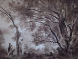 un tableau représentant un homme et une femme se promenant dans les bois