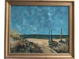 painting of boats on the beach with a sailboat in the distance