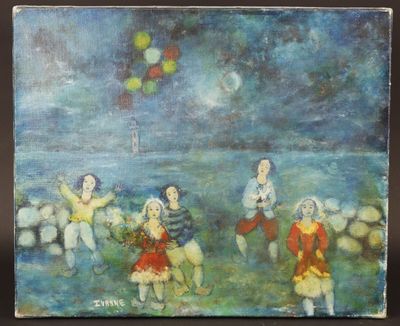 tableau représentant un groupe d'enfants jouant avec des ballons dans un champ