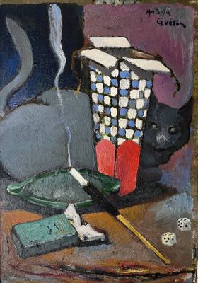 un tableau représentant un chat noir assis à côté d'une poubelle