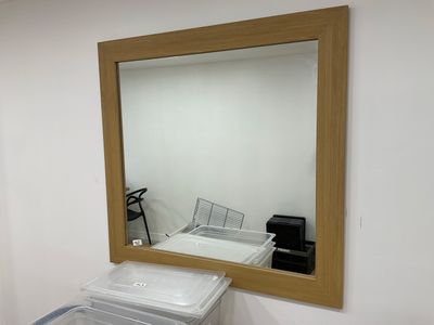 a mirror on the wall above a trash can