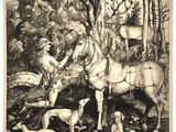 black and white drawing of a man on a horse surrounded by animals