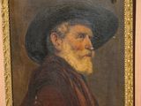 tableau représentant un vieil homme coiffé d'un chapeau noir et vêtu d'un manteau marron