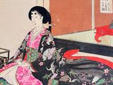 a painting of a woman sitting on a bed