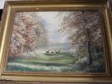 a picture of a painting of some animals in a field
