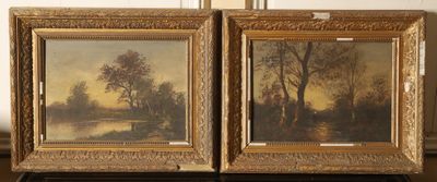 two paintings of trees and a river are on display in front of a wall