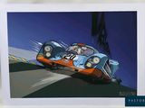 an image of a painting of a race car driving down a track