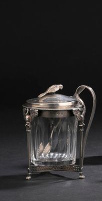 paire de théières anciennes en verre plaqué argent, avec cuillères
