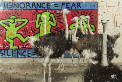 painting of two ostriches standing in front of a graffiti covered wall