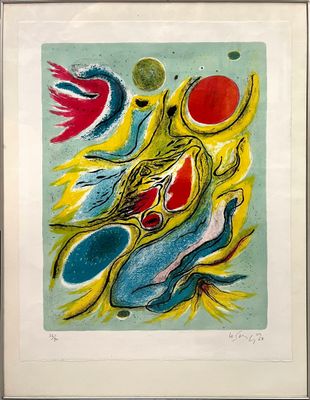 une image représentant un tableau sur lequel figurent un oiseau et un poisson sur fond bleu