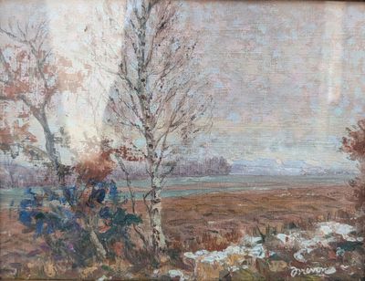 une image d'un tableau représentant un paysage avec des arbres au premier plan