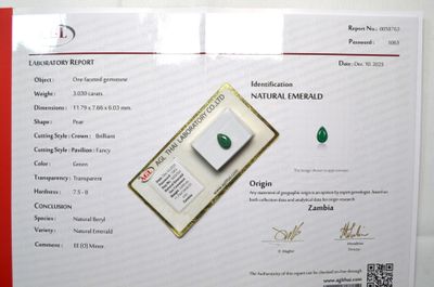 un certificat sur lequel figure l'image d'une pierre verte