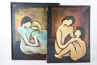 deux tableaux représentant un homme et une femme assis sur un canapé