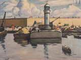 a painting of a lighthouse in the middle of a body of water