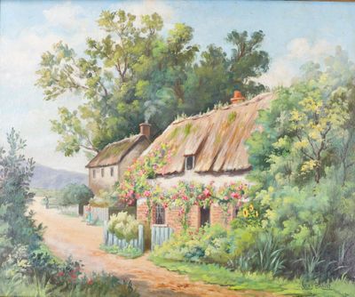 une peinture à l'huile représentant un gîte rural au toit de chaume
