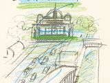 dessin représentant une gare avec un train sur les voies et un autre train sur les voies