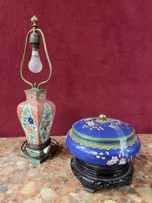 pair of antique chinese cloissanted porcelain vases and a table lamp