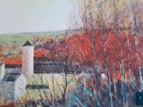 a picture of a painting of a house in the country