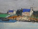 peinture représentant une peinture d'une maison et d'un bateau sur un plan d'eau