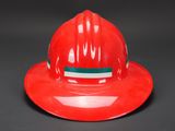 red hard hat with green and white stripe on the side