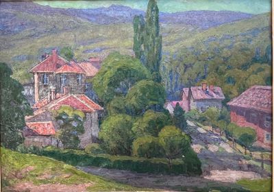 peinture d'une vue d'un village avec une église au loin
