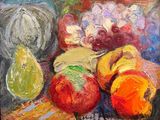 painting of a still life of fruit and vegetables on a table