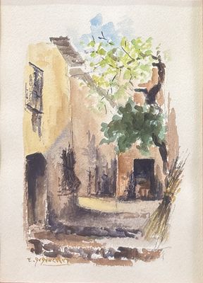 une aquarelle représentant une scène de rue avec un arbre