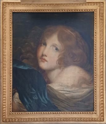 portrait d'une jeune fille en robe bleue, dans un cadre doré