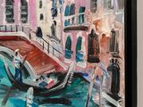 a painting of a gondola on the water with buildings in the background
