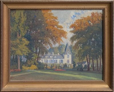 an oil painting of a white house in a wooded area