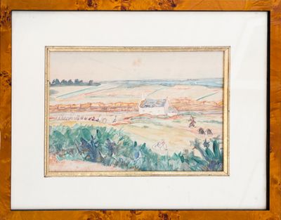 aquarelle encadrée représentant un paysage avec une ferme au loin