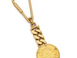 a gold key chain with a coin on it