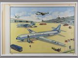 a picture of a painting of an airplane at an airport