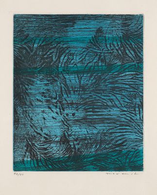 une image représentant une peinture aux couleurs bleues et vertes représentant des feuilles sur fond blanc
